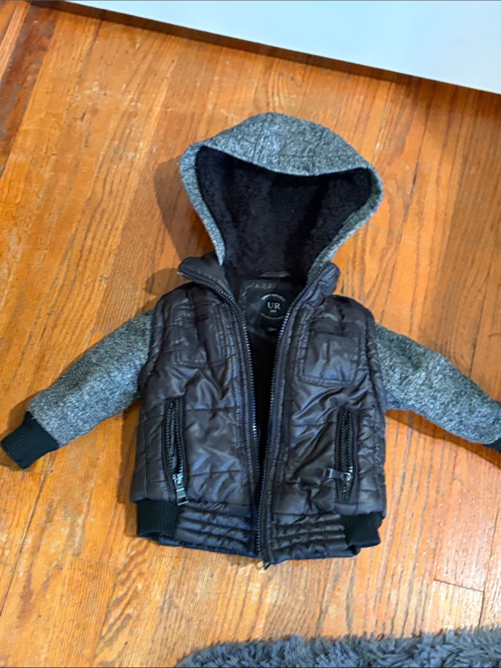 Urban Republic Black Quilted Puffer Jacket with Gray Knit Sleeves and Hood